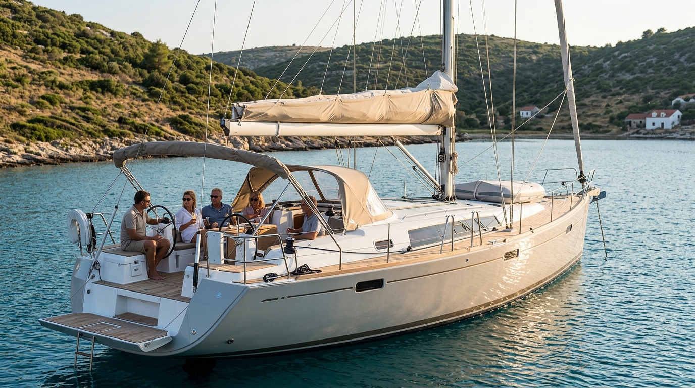 A large monohull yacht anchored in a quiet bay