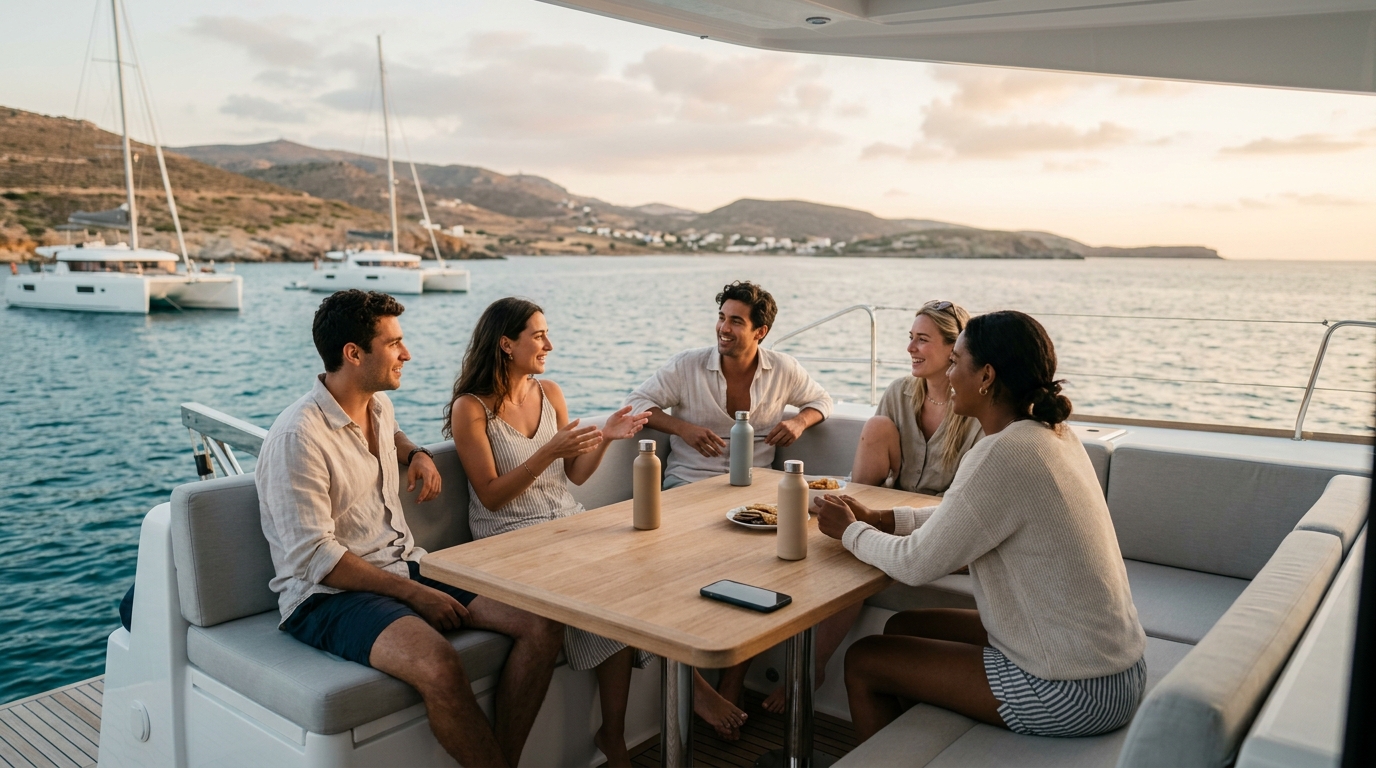 A group of travellers sitting on the deck of a catamaran