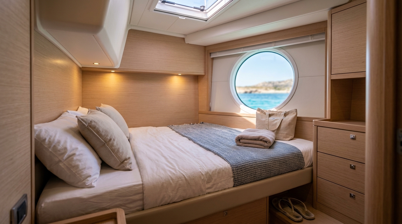 A modern double cabin inside a sailing yacht